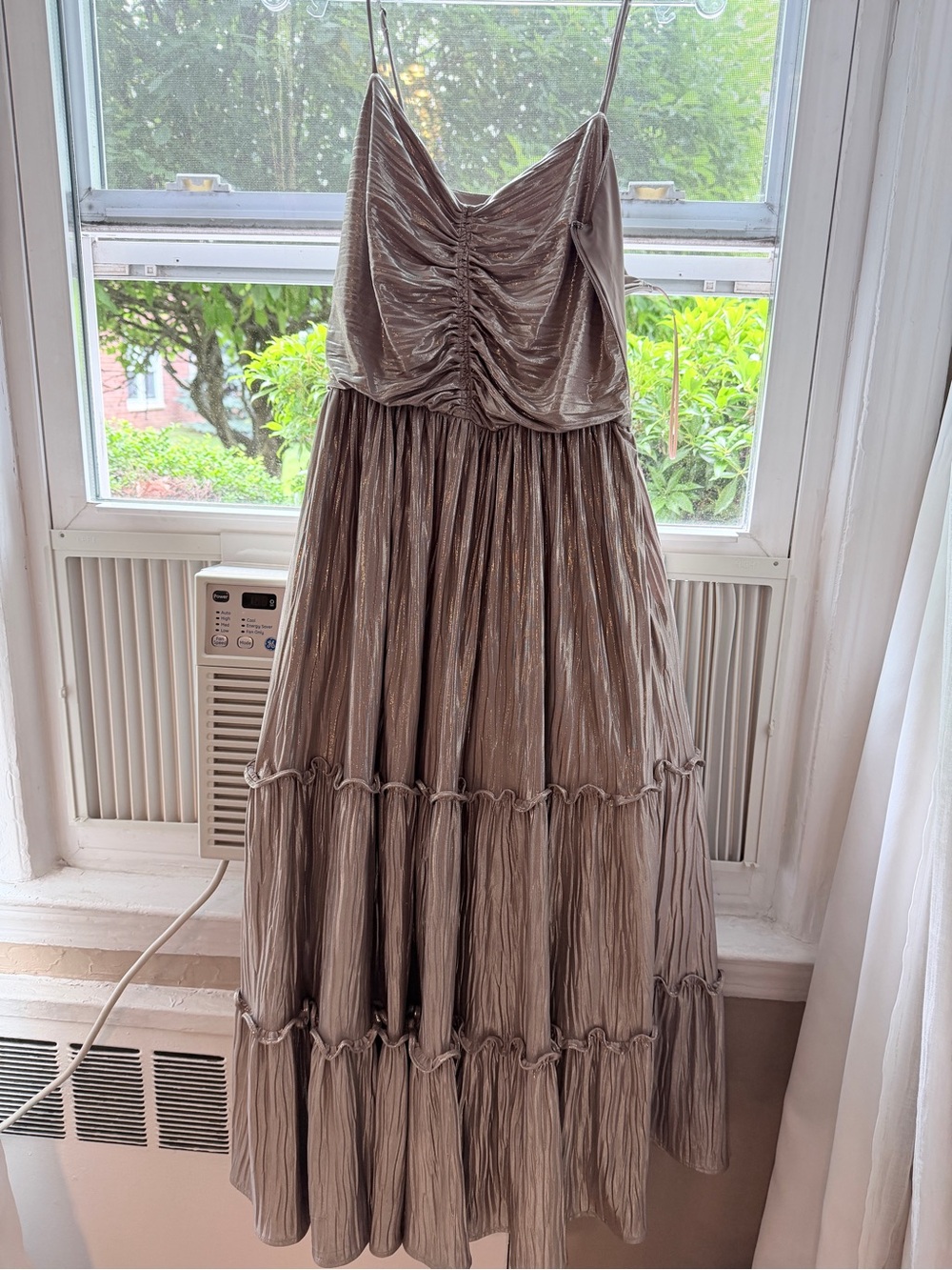 Socialite Metallic Golden Taupe Ruched Spaghetti Strap Maxi Dress